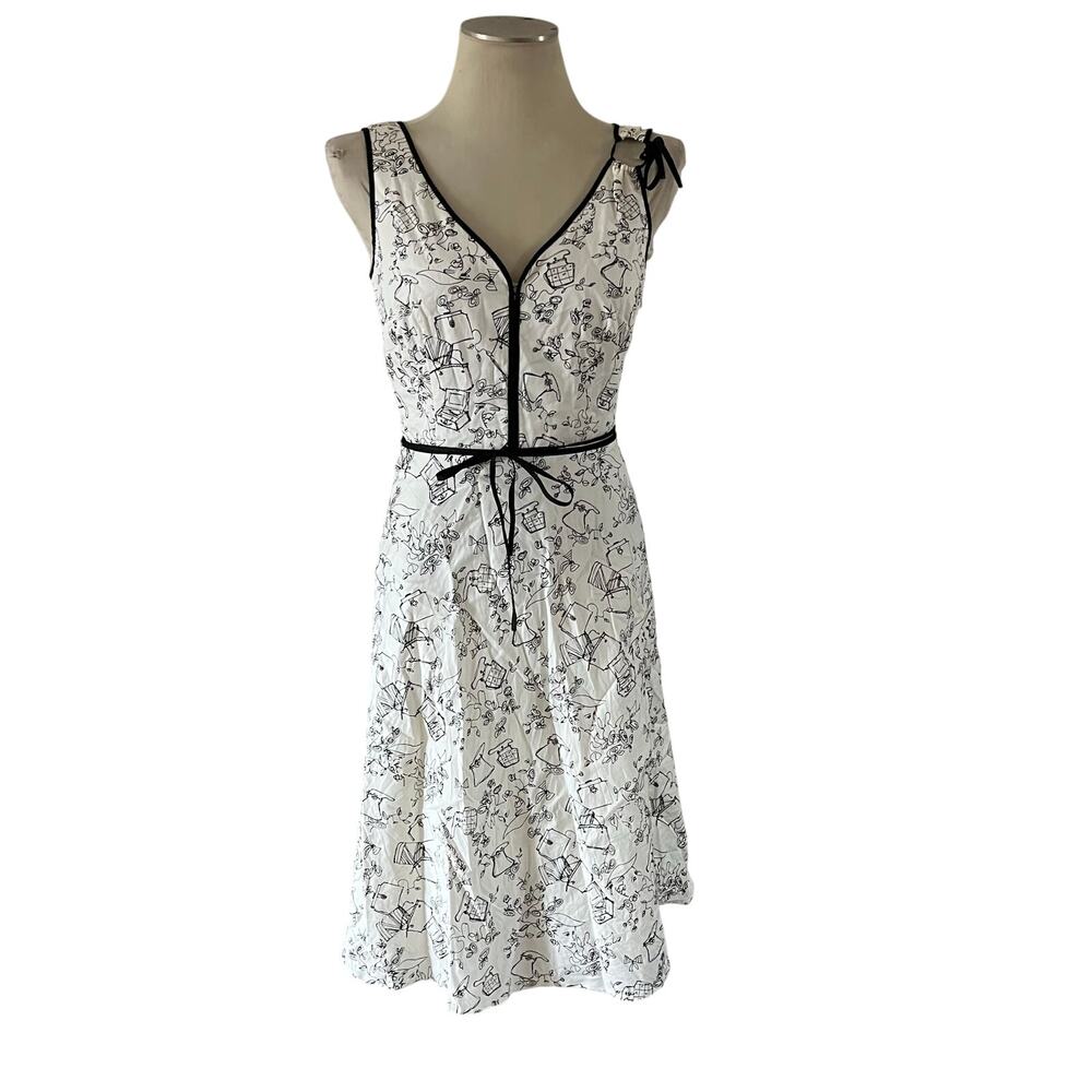 Vtg Y2K 2000s White Girly Bow Perfume Floral Print Fit Flare Dress Sz 10